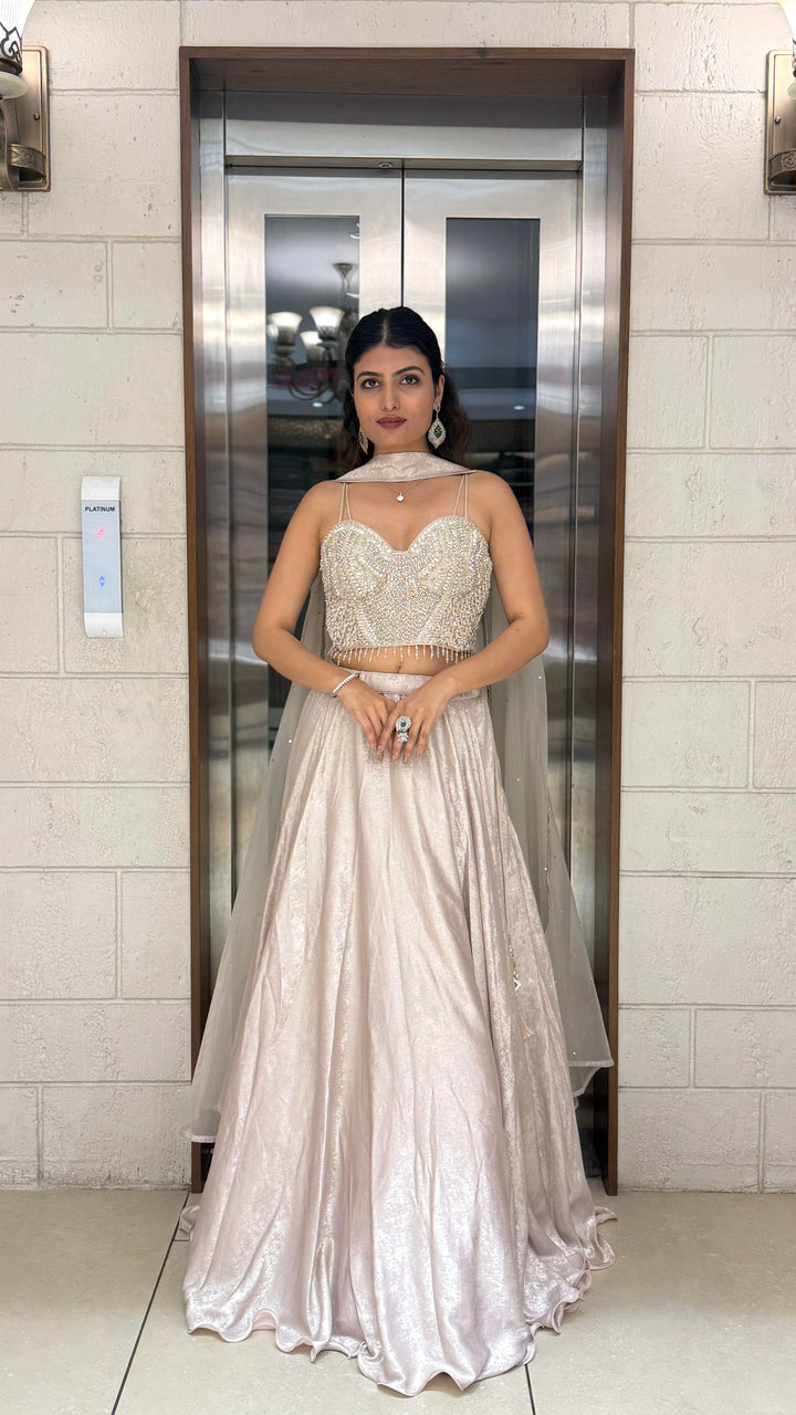 Ivory Pearl-Embellished Designer Lehenga Set with Sheer Dupatta