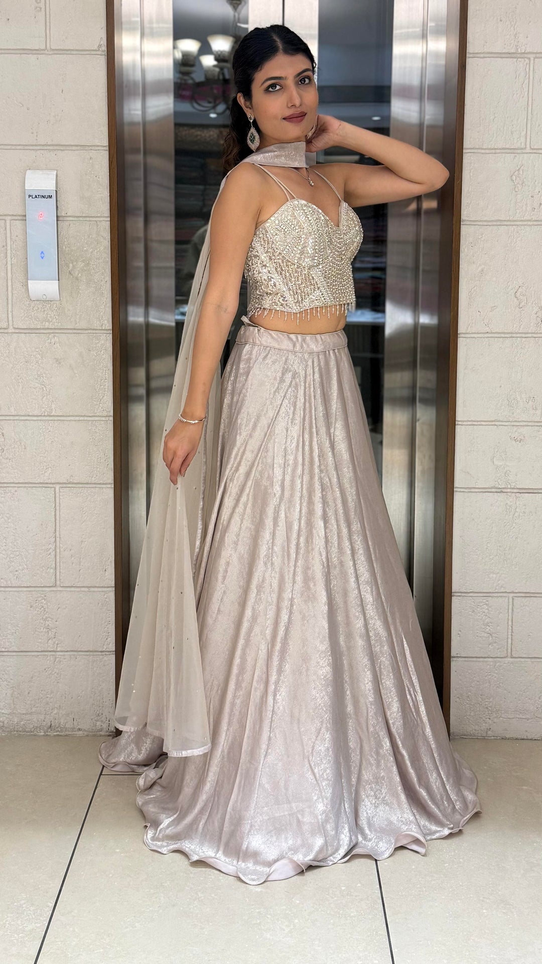 Ivory Pearl-Embellished Designer Lehenga Set with Sheer Dupatta