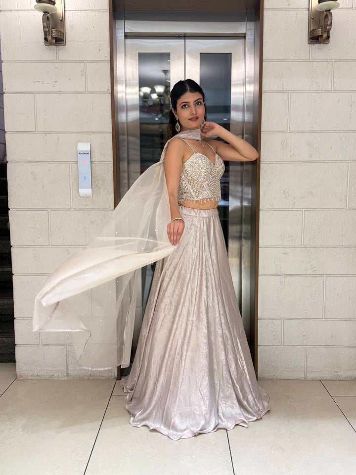 Ivory Pearl-Embellished Designer Lehenga Set with Sheer Dupatta