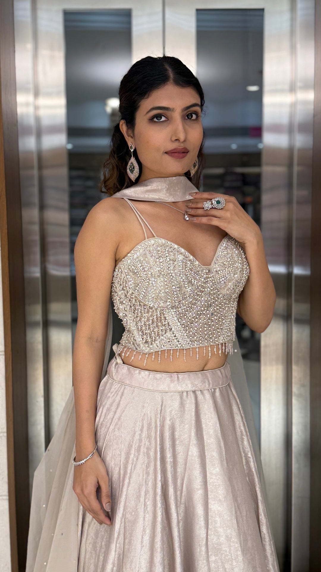 Ivory Pearl-Embellished Designer Lehenga Set with Sheer Dupatta