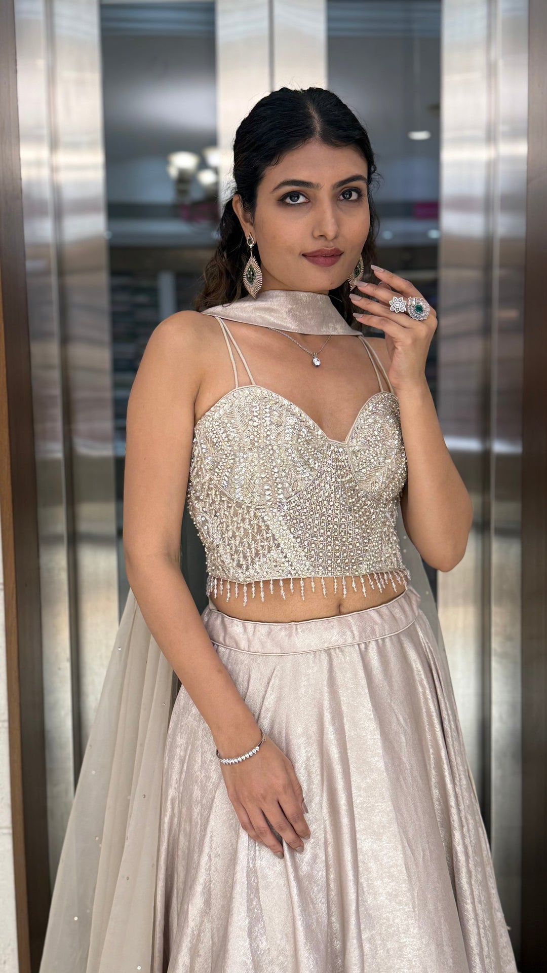 Ivory Pearl-Embellished Designer Lehenga Set with Sheer Dupatta