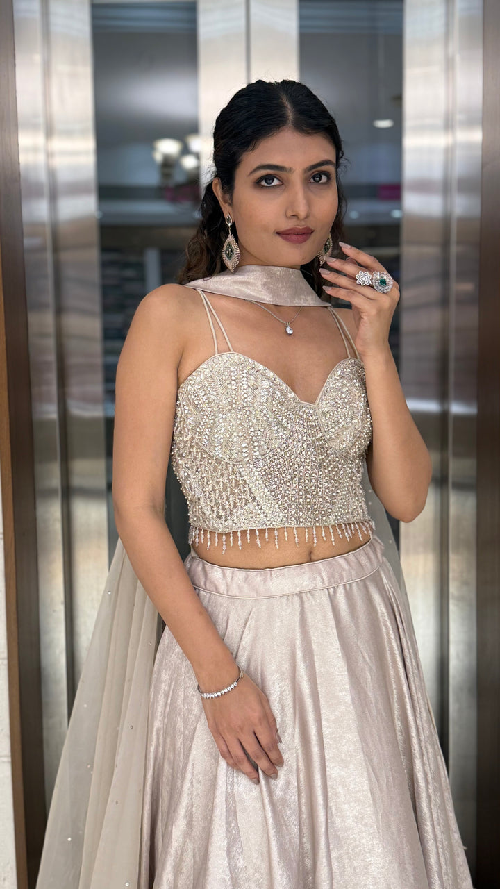 Ivory Pearl-Embellished Designer Lehenga Set with Sheer Dupatta