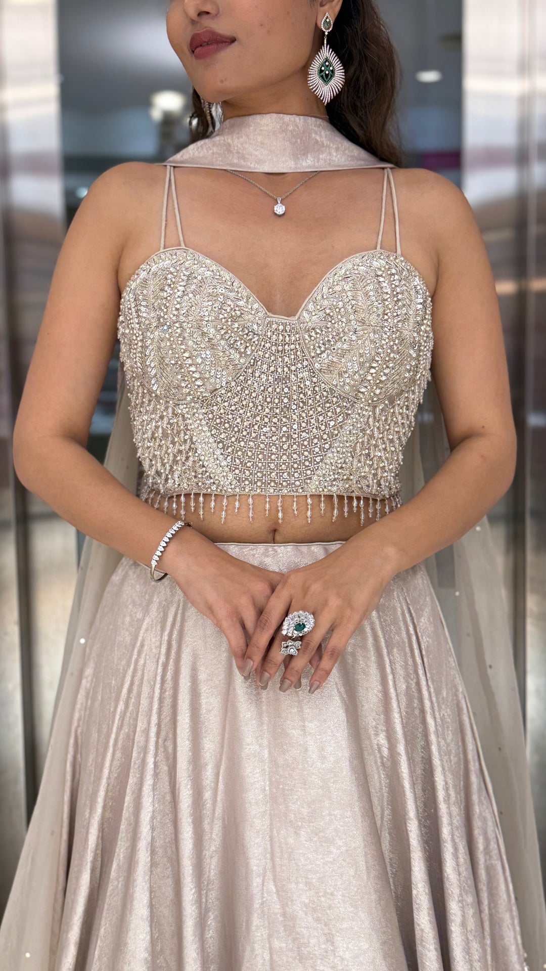 Ivory Pearl-Embellished Designer Lehenga Set with Sheer Dupatta