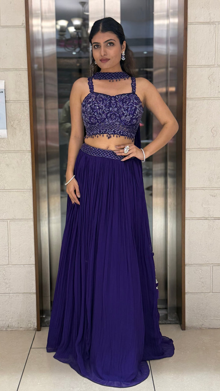 Royal Purple Embroidered Designer Lehenga Set with Pleated Skirt & Stylish Choker Blouse