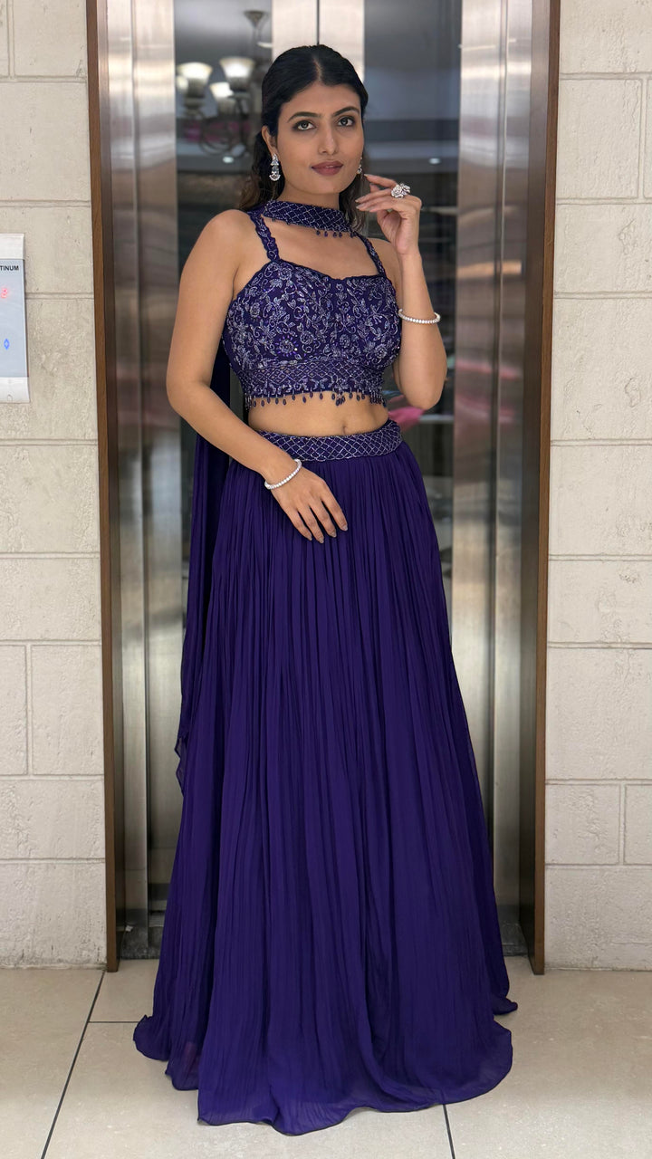 Royal Purple Embroidered Designer Lehenga Set with Pleated Skirt & Stylish Choker Blouse
