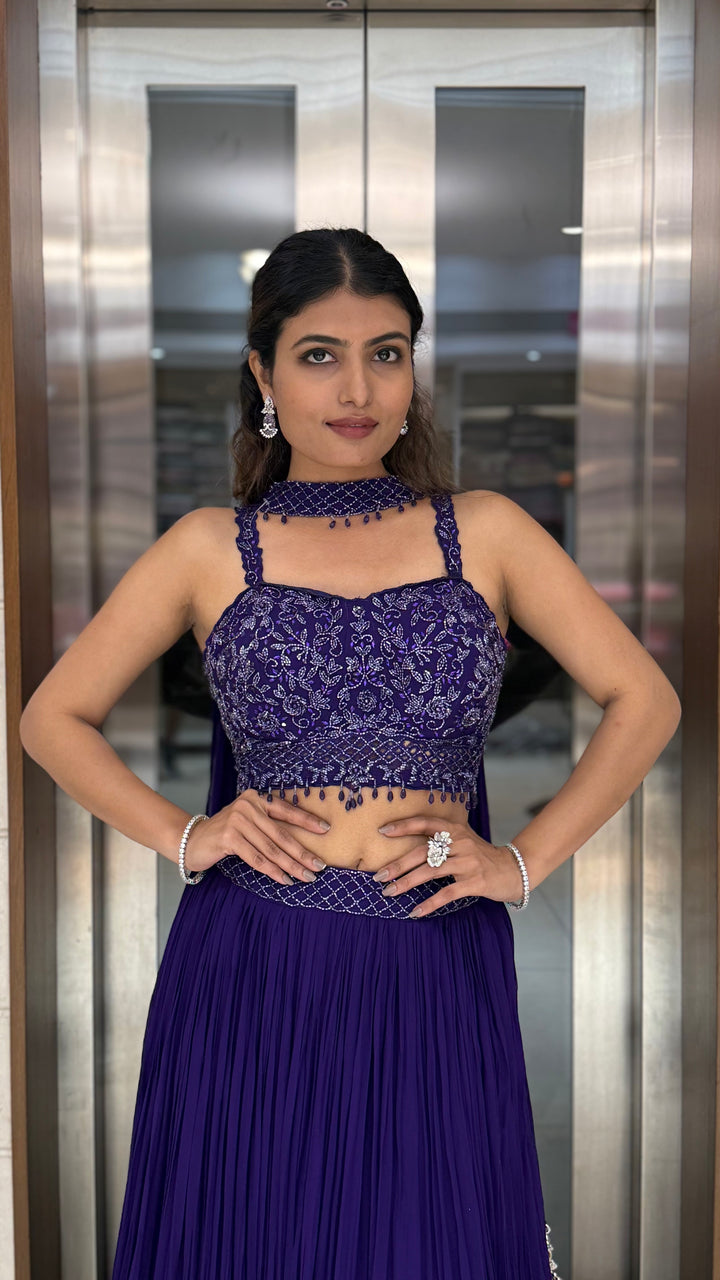 Royal Purple Embroidered Designer Lehenga Set with Pleated Skirt & Stylish Choker Blouse
