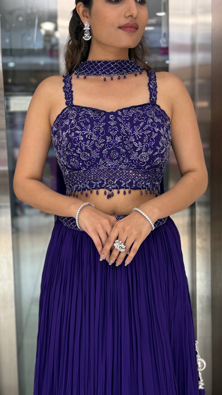 Royal Purple Embroidered Designer Lehenga Set with Pleated Skirt & Stylish Choker Blouse
