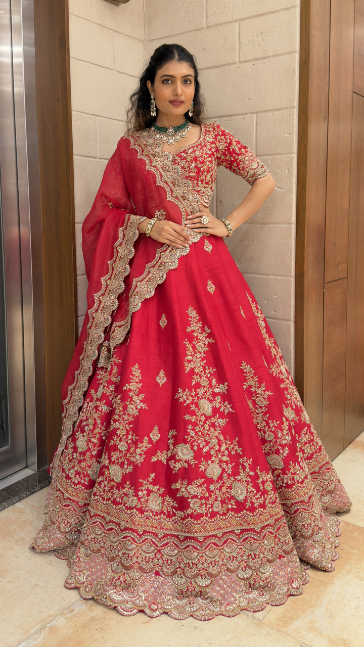 Ruby Red Embroidered Bridal Lehenga Set with Net Dupatta
