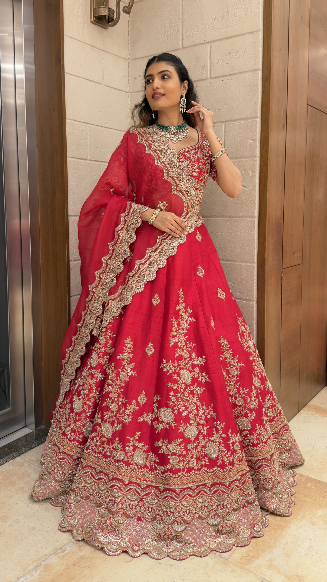 Ruby Red Embroidered Bridal Lehenga Set with Net Dupatta