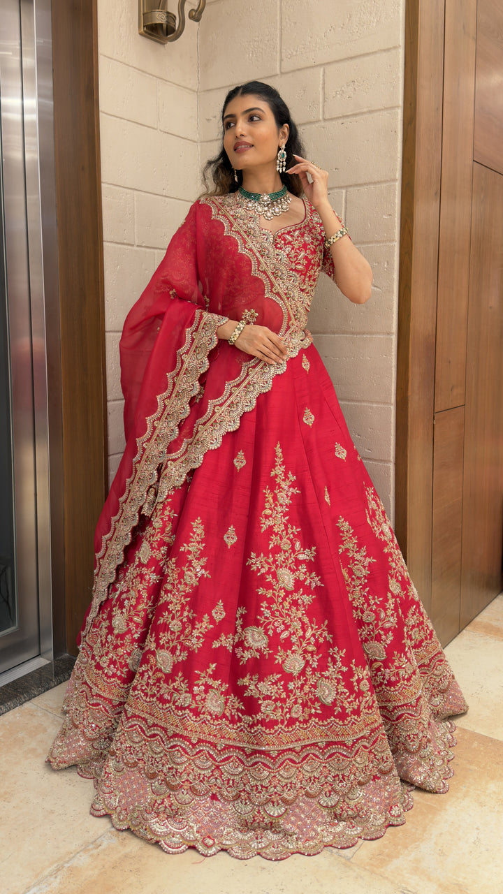 Ruby Red Embroidered Bridal Lehenga Set with Net Dupatta