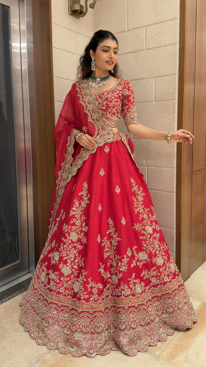 Ruby Red Embroidered Bridal Lehenga Set with Net Dupatta