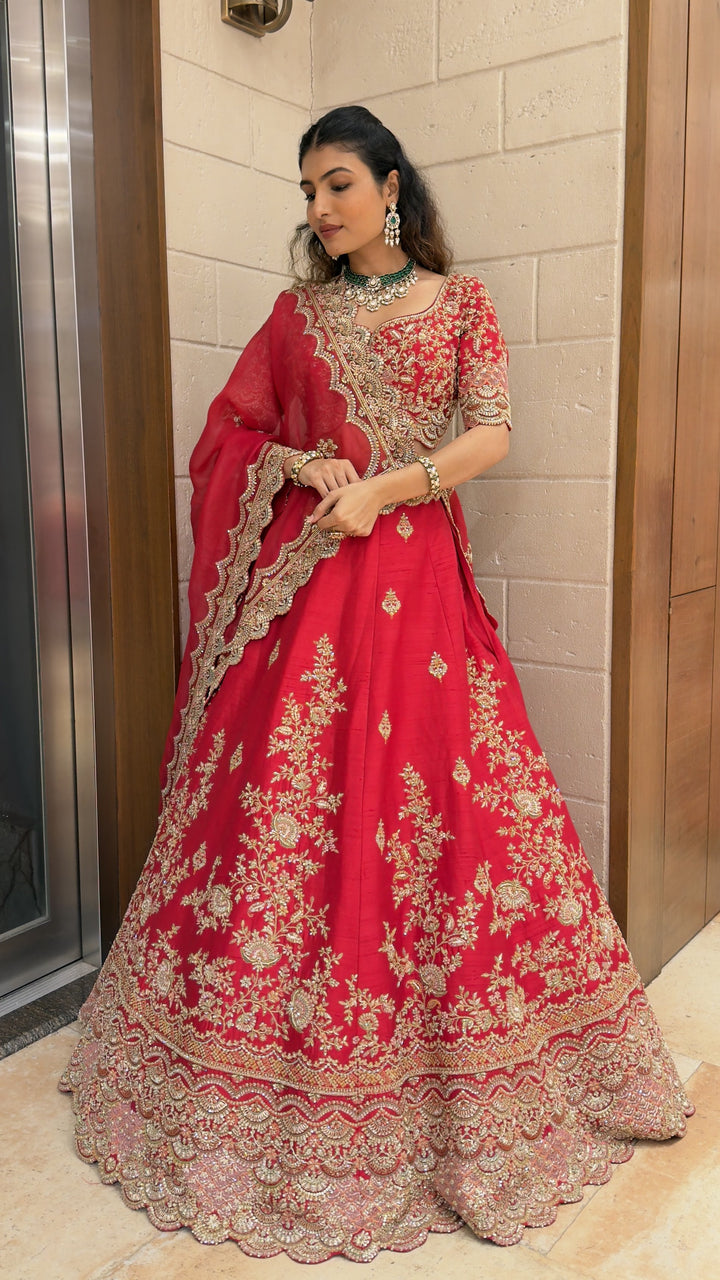 Ruby Red Embroidered Bridal Lehenga Set with Net Dupatta