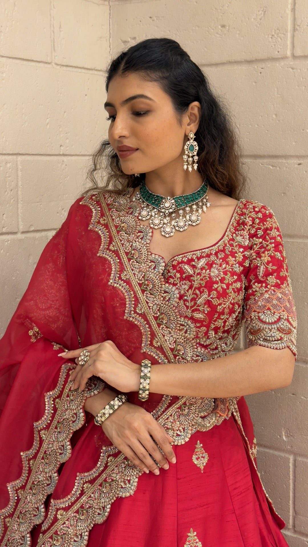 Ruby Red Embroidered Bridal Lehenga Set with Net Dupatta