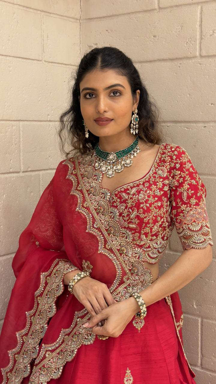 Ruby Red Embroidered Bridal Lehenga Set with Net Dupatta