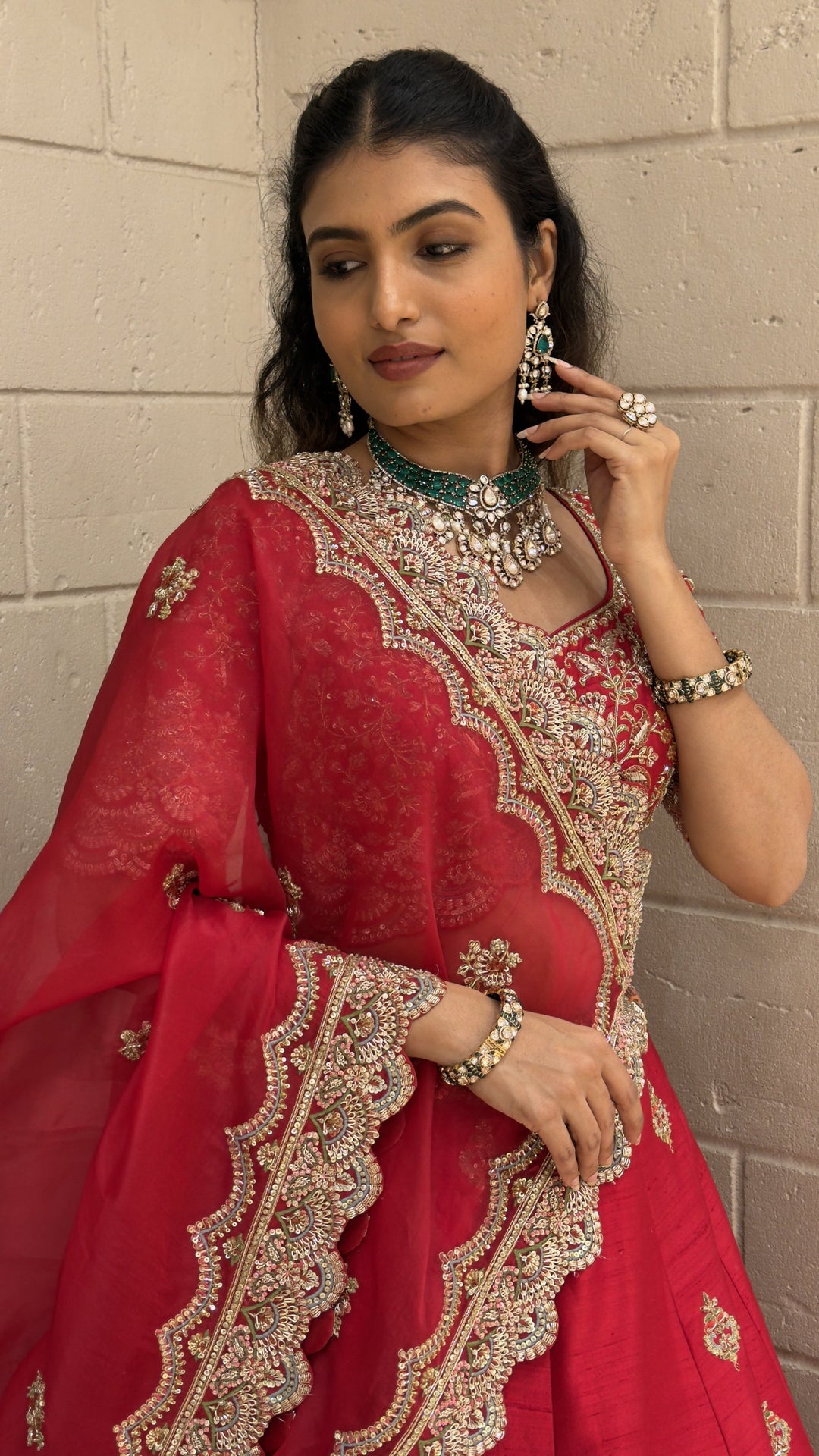Ruby Red Embroidered Bridal Lehenga Set with Net Dupatta