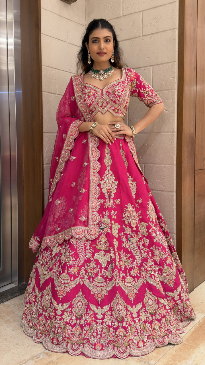 Rani Pink Embroidered Bridal Lehenga Set with Net Dupatta
