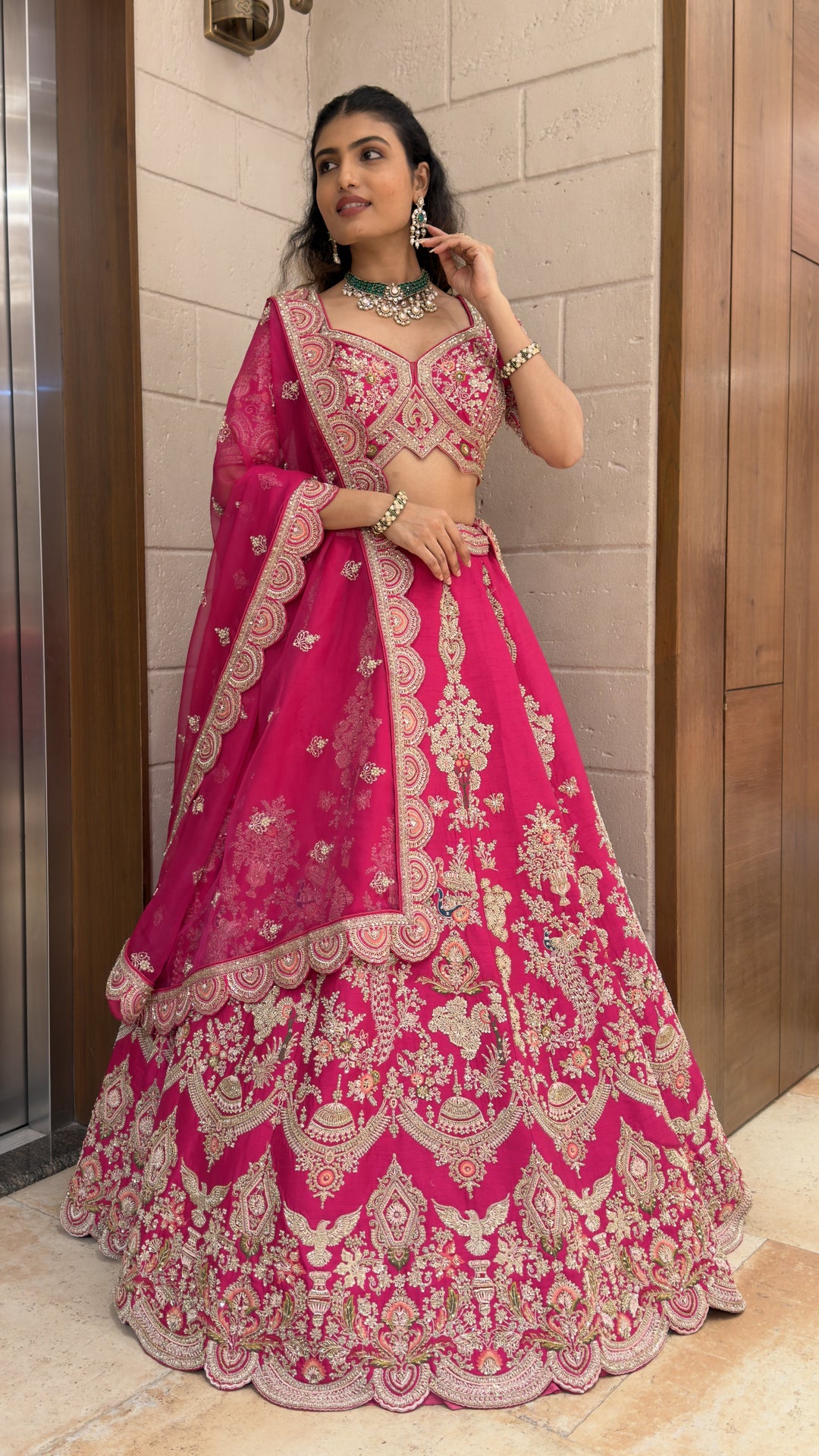 Rani Pink Embroidered Bridal Lehenga Set with Net Dupatta