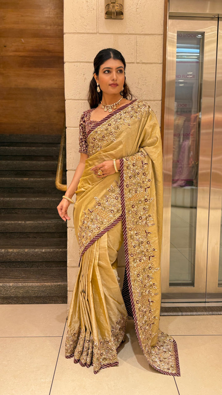 Golden Designer Embroidered Saree with Matching Heavy Work Blouse