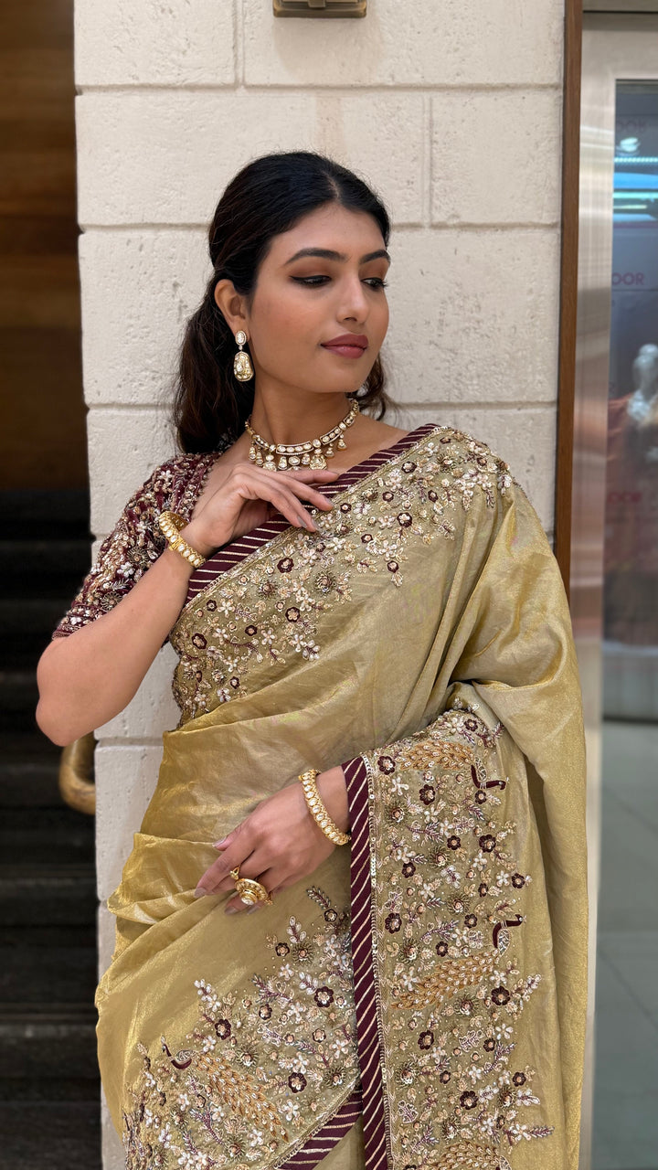 Golden Designer Embroidered Saree with Matching Heavy Work Blouse
