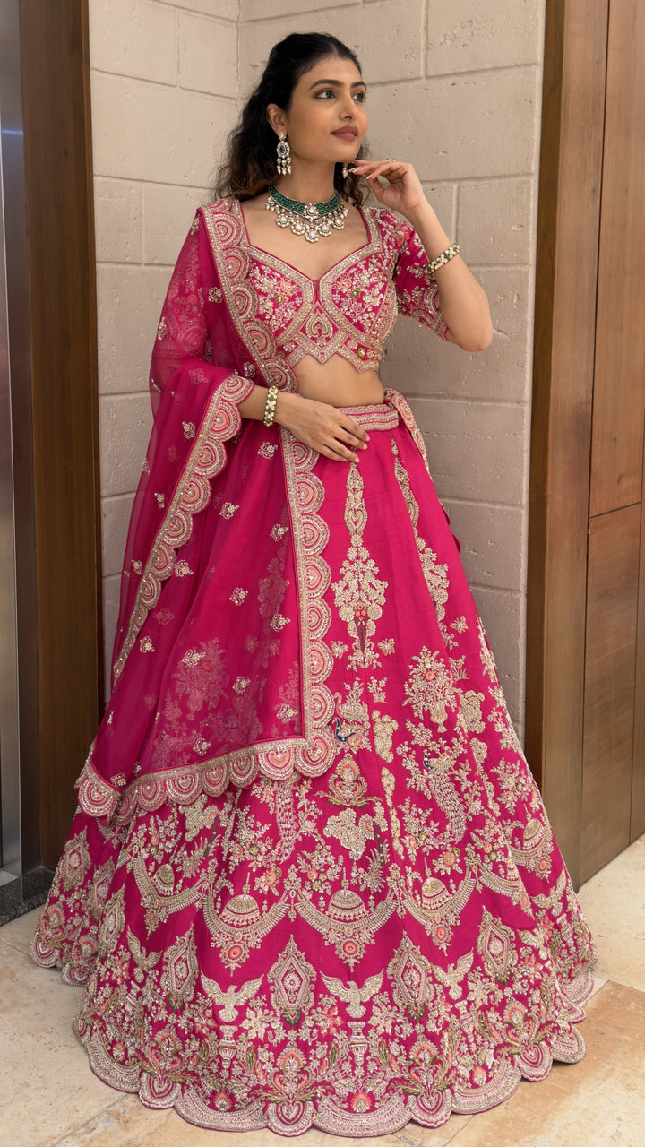 Rani Pink Embroidered Bridal Lehenga Set with Net Dupatta