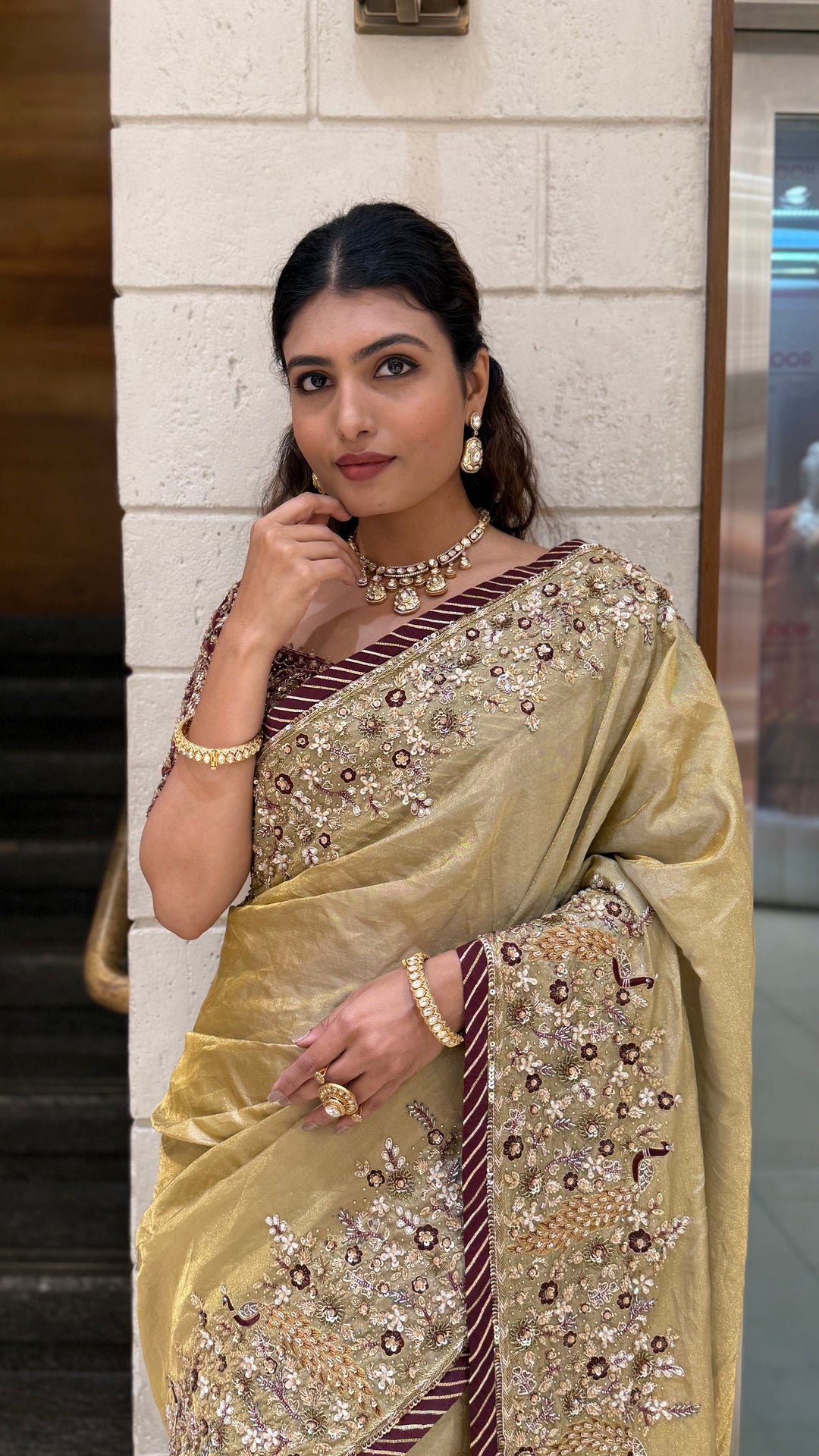 Golden Designer Embroidered Saree with Matching Heavy Work Blouse