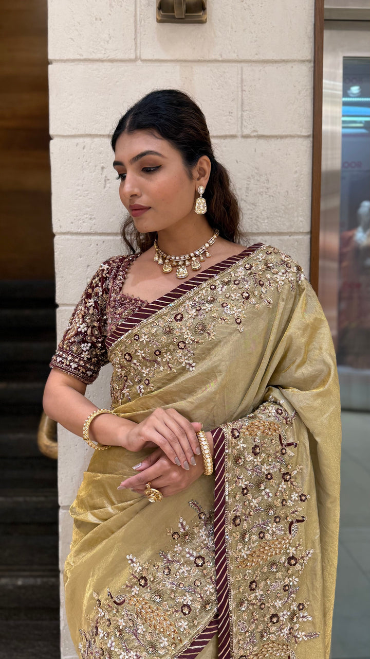 Golden Designer Embroidered Saree with Matching Heavy Work Blouse