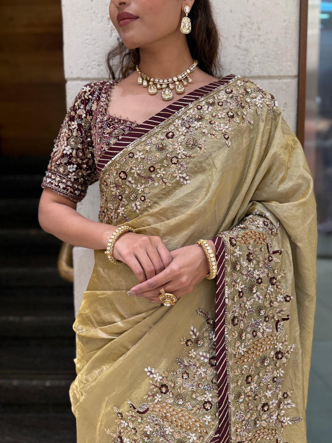 Golden Designer Embroidered Saree with Matching Heavy Work Blouse