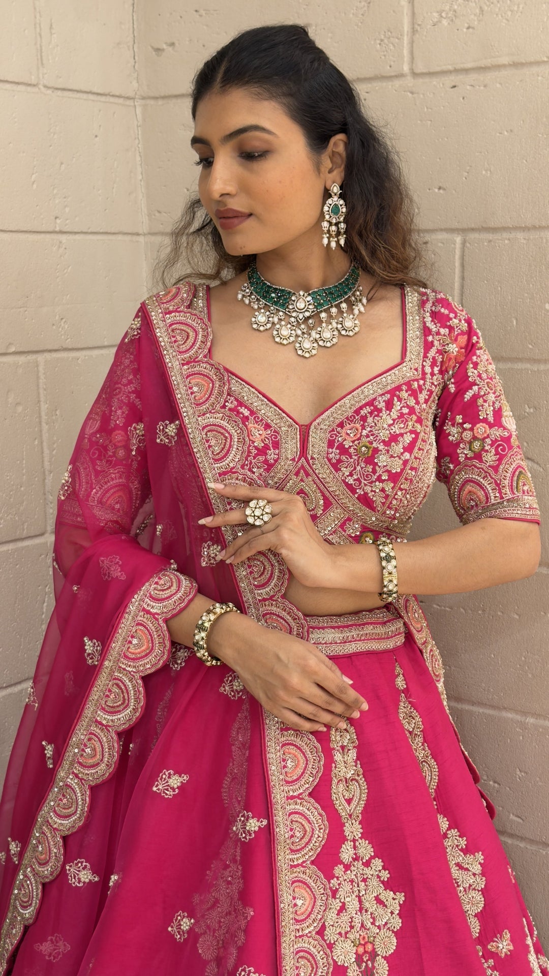 Rani Pink Embroidered Bridal Lehenga Set with Net Dupatta