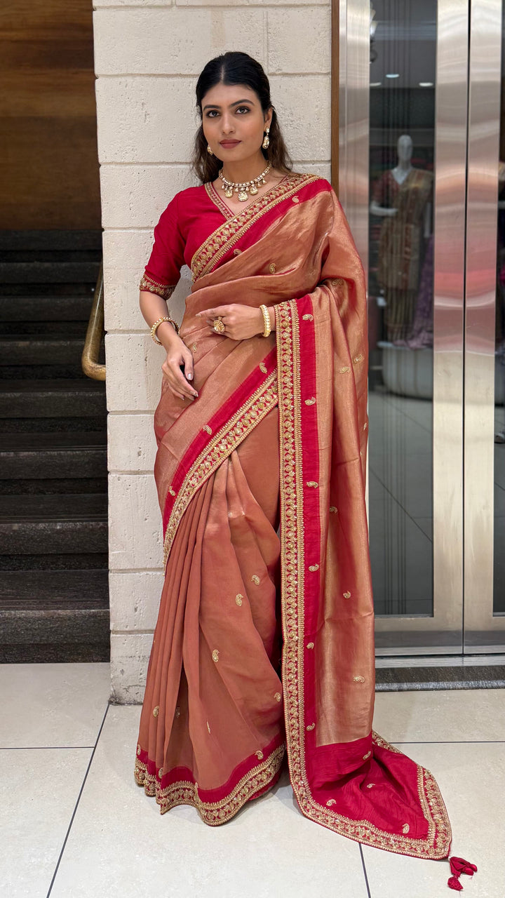 Rust Brown & Maroon Hand-Embroidered Silk Saree with Designer Border