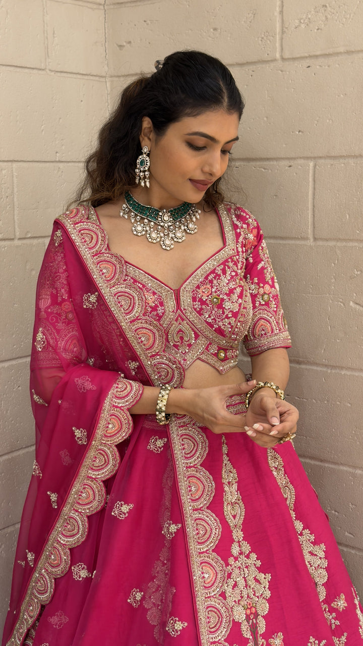 Rani Pink Embroidered Bridal Lehenga Set with Net Dupatta