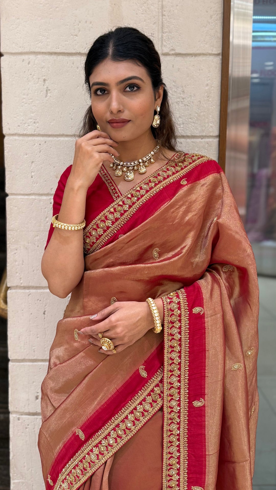 Rust Brown & Maroon Hand-Embroidered Silk Saree with Designer Border