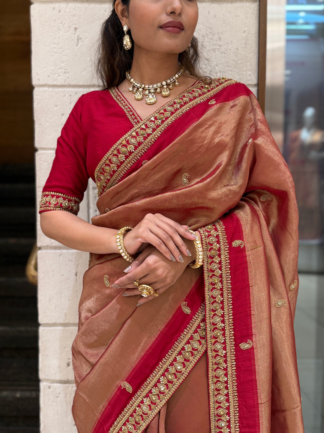 Rust Brown & Maroon Hand-Embroidered Silk Saree with Designer Border