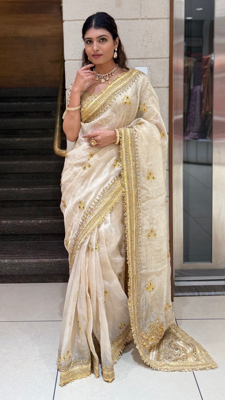 Elegant Ivory Gold Embroidered Designer Saree with Heavy Border & Matching Blouse