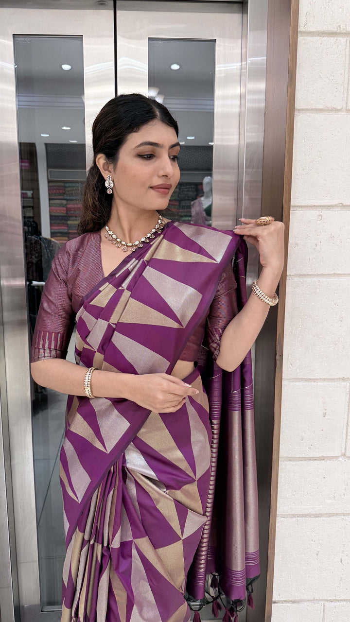 Premium Soft Silk Saree with Modern Geometric Zari Weaving