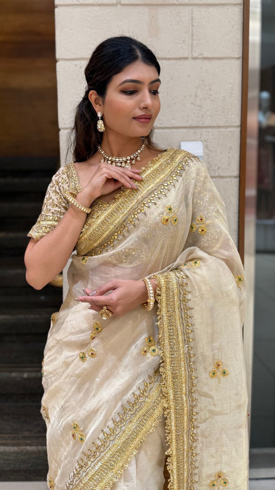 Elegant Ivory Gold Embroidered Designer Saree with Heavy Border & Matching Blouse