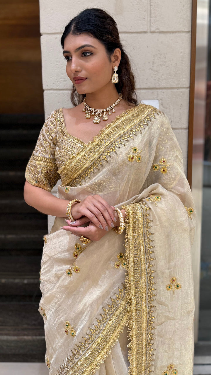 Elegant Ivory Gold Embroidered Designer Saree with Heavy Border & Matching Blouse
