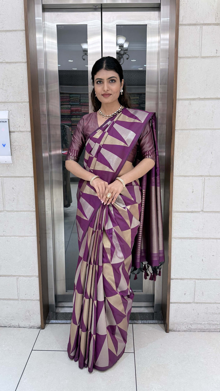 Premium Soft Silk Saree with Modern Geometric Zari Weaving