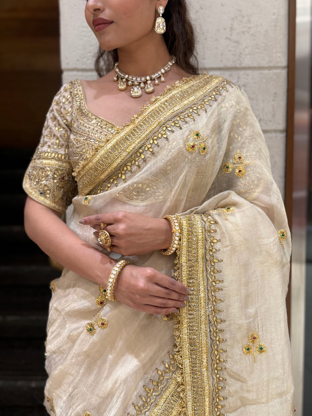 Elegant Ivory Gold Embroidered Designer Saree with Heavy Border & Matching Blouse