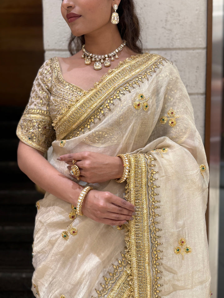 Elegant Ivory Gold Embroidered Designer Saree with Heavy Border & Matching Blouse