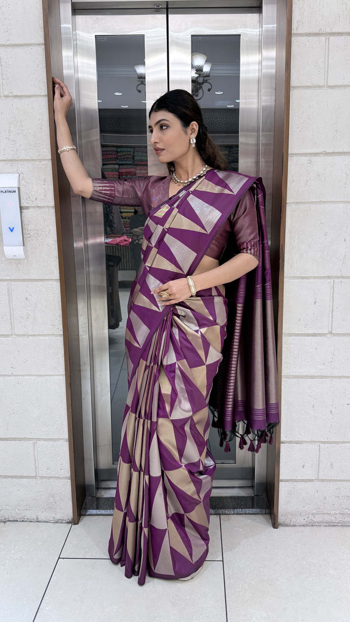 Premium Soft Silk Saree with Modern Geometric Zari Weaving