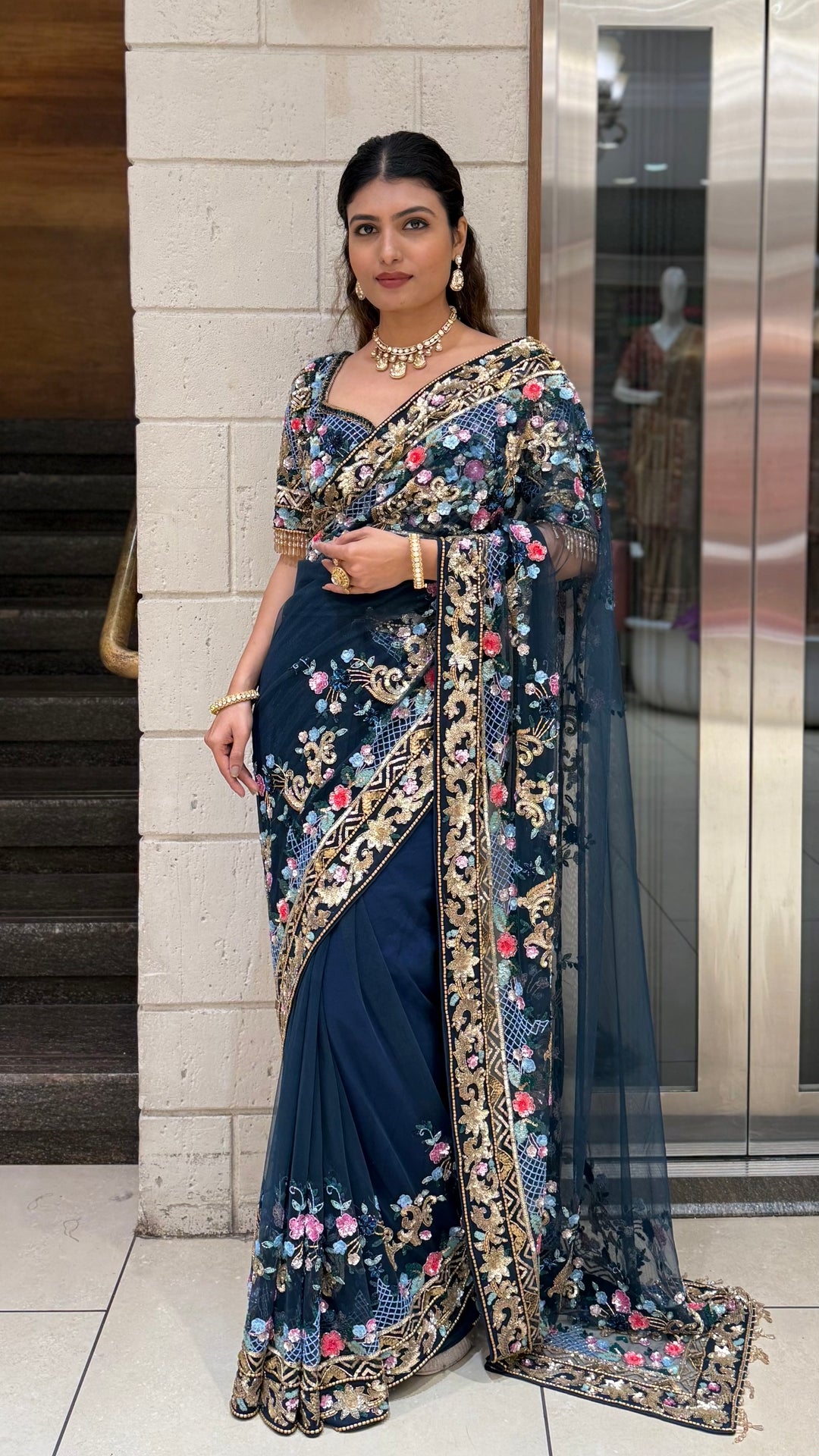 Navy Blue Designer Embroidered Net Saree with Multicolour Floral Work