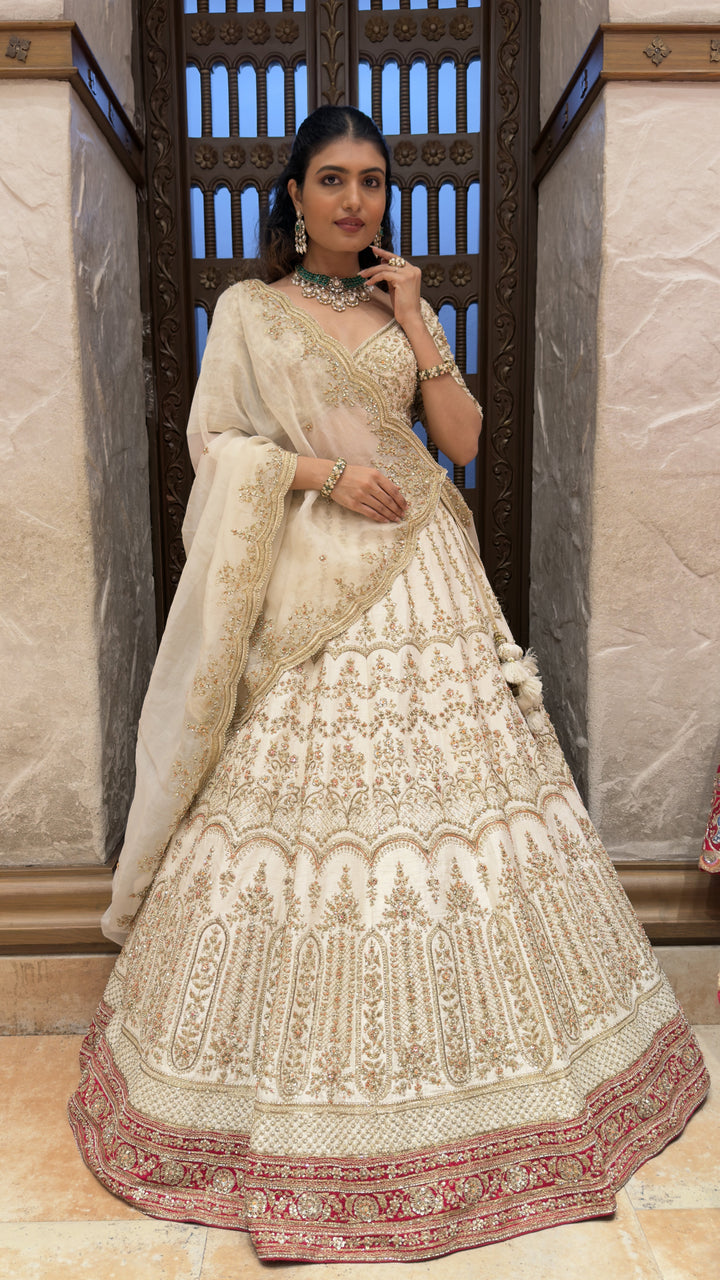 Ivory Embroidered Bridal Lehenga Set with Net Dupatta