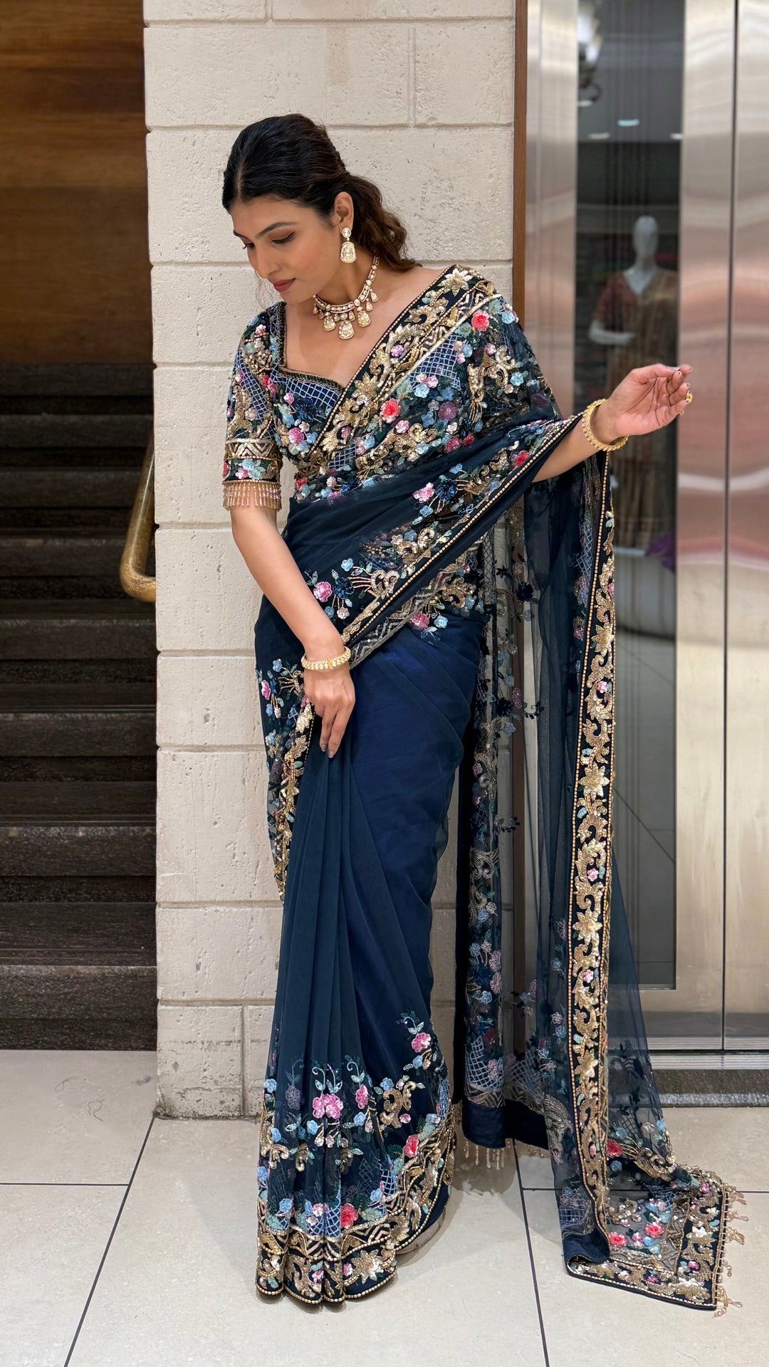 Navy Blue Designer Embroidered Net Saree with Multicolour Floral Work