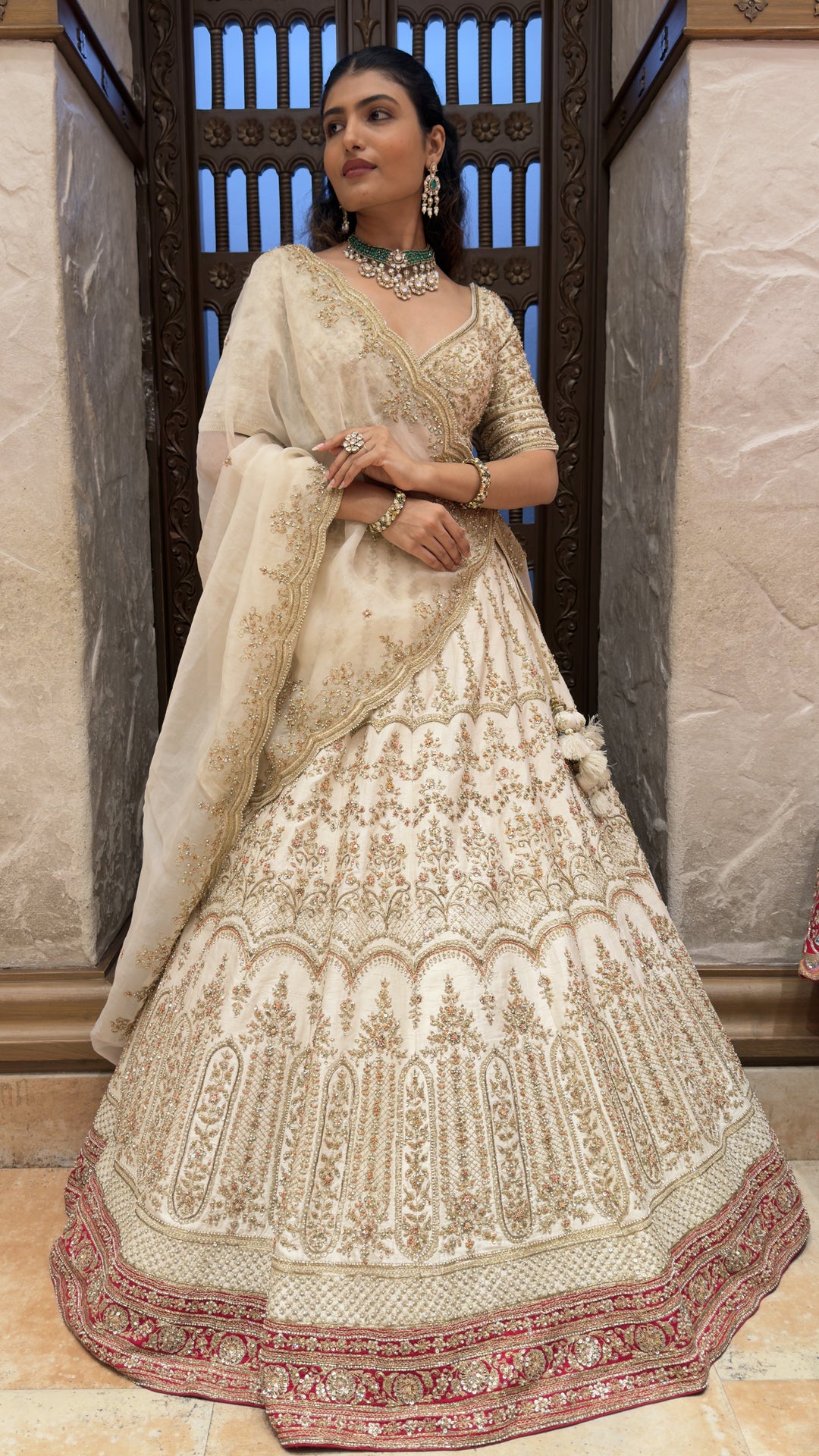 Ivory Embroidered Bridal Lehenga Set with Net Dupatta