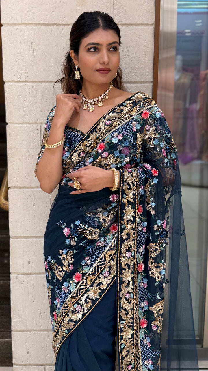 Navy Blue Designer Embroidered Net Saree with Multicolour Floral Work