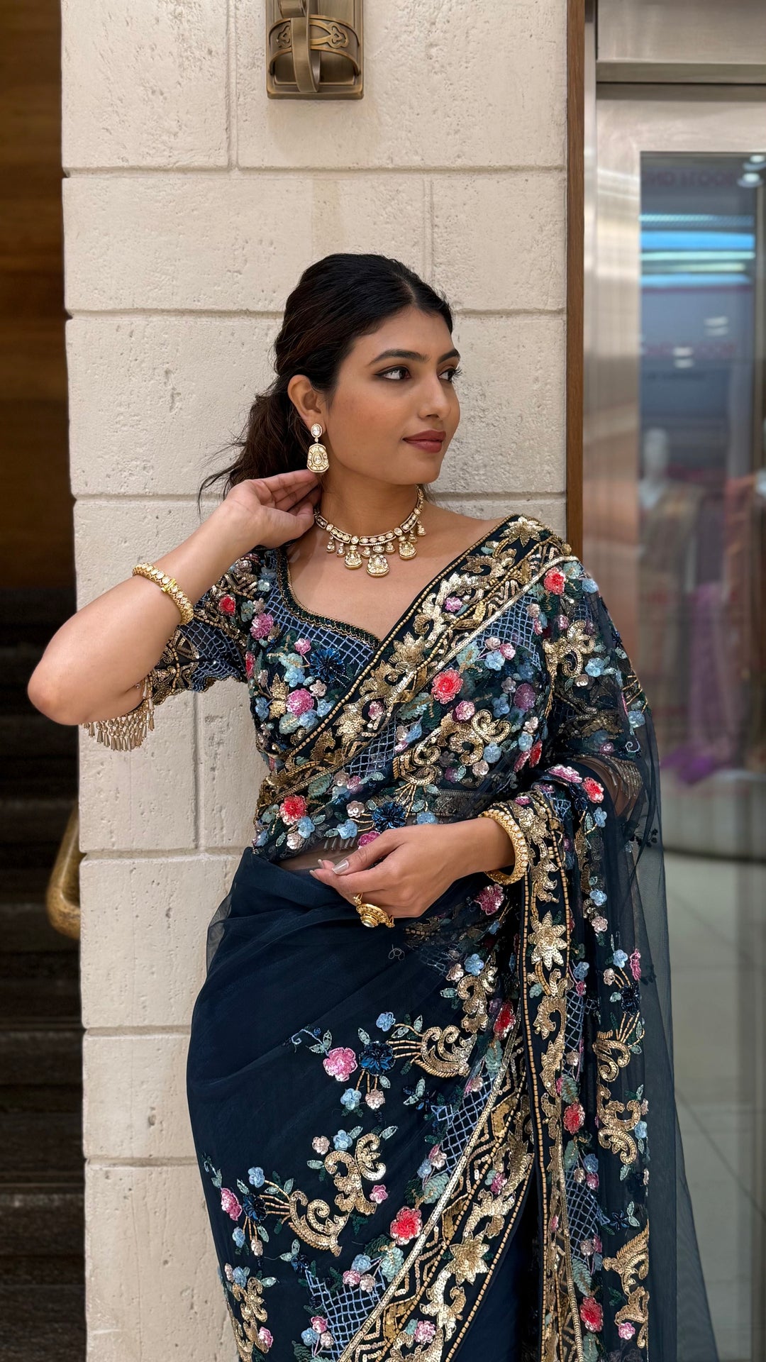 Navy Blue Designer Embroidered Net Saree with Multicolour Floral Work