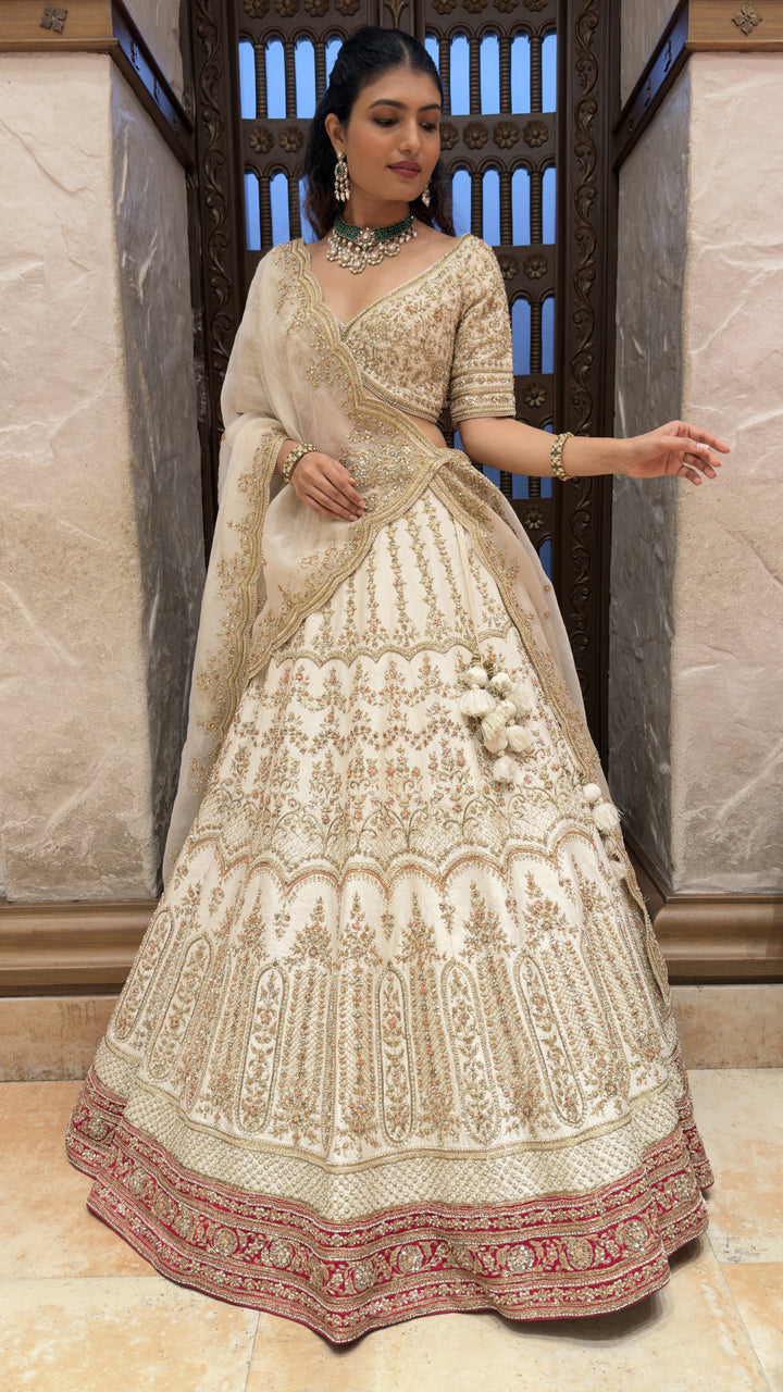 Ivory Embroidered Bridal Lehenga Set with Net Dupatta