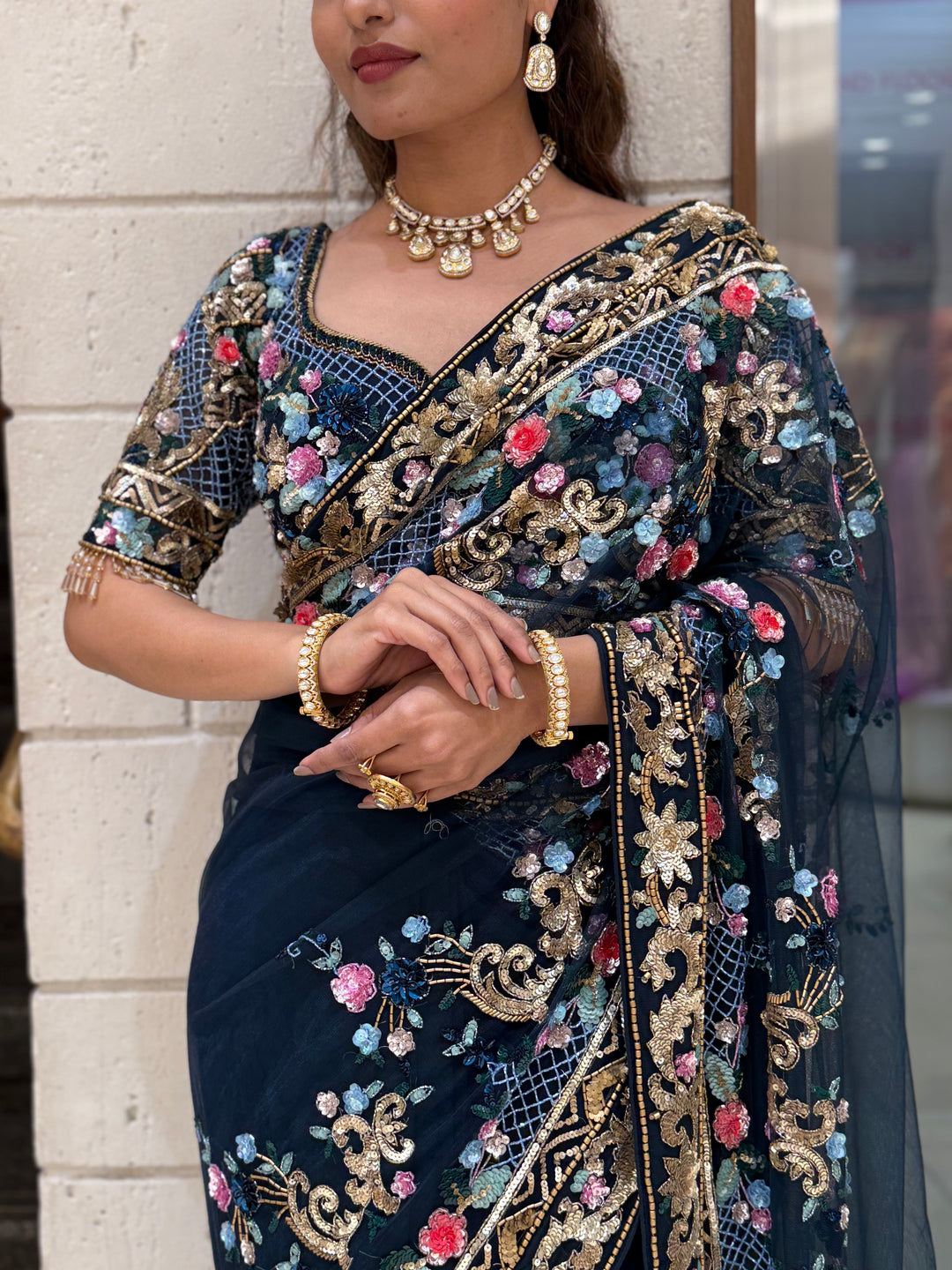 Navy Blue Designer Embroidered Net Saree with Multicolour Floral Work