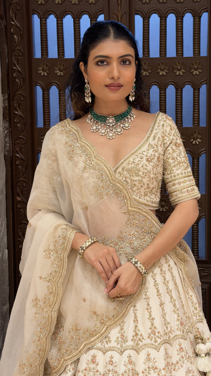 Ivory Embroidered Bridal Lehenga Set with Net Dupatta
