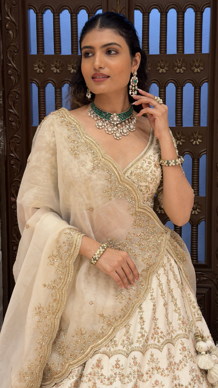 Ivory Embroidered Bridal Lehenga Set with Net Dupatta